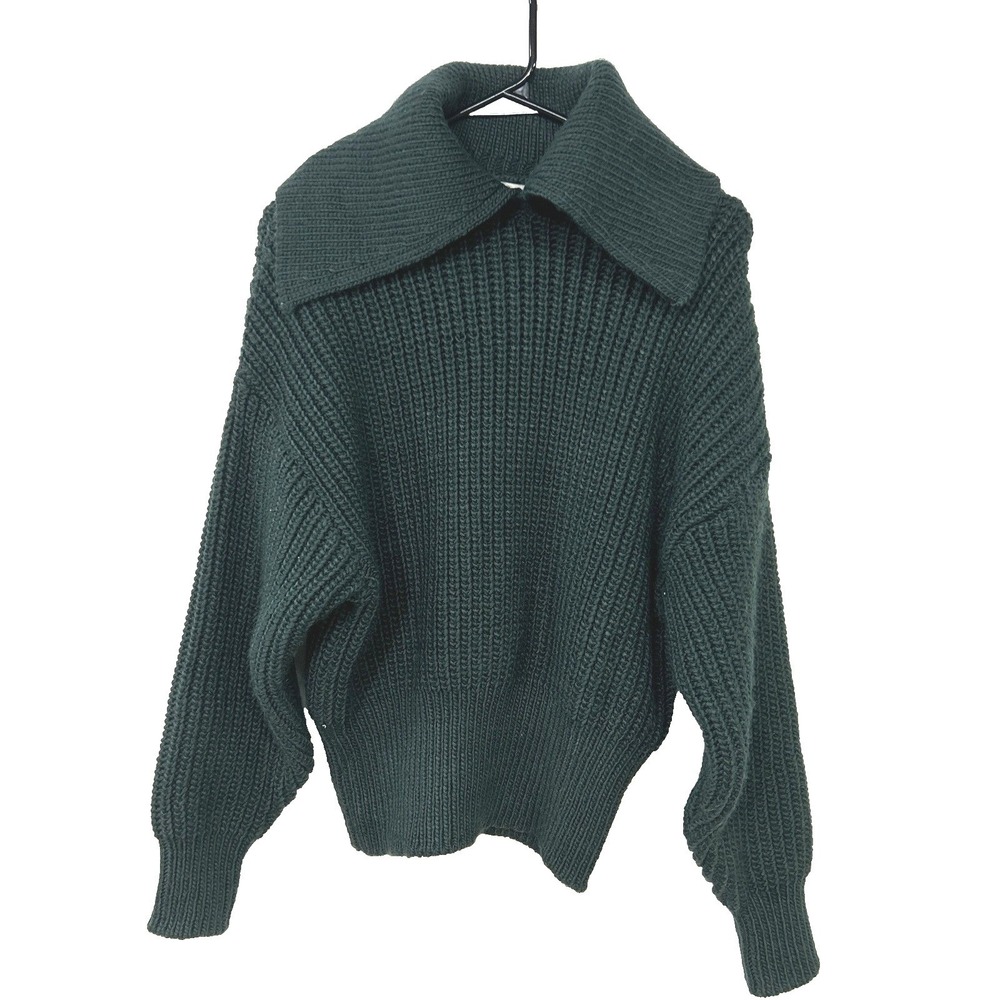 Quiet Luxury Rib Knit Collared Sweater Chunky Soft Knit XS Dark Green Preppy